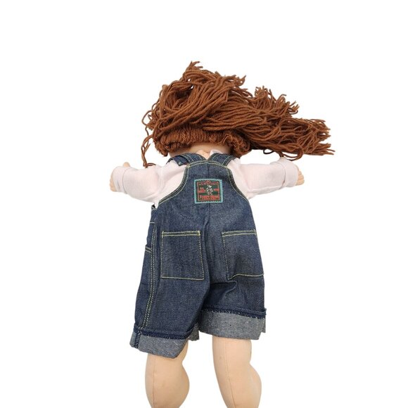 Vintage Cabbage Patch Kids Doll In Blue Denim Overalls With Brown Yarn Hair - Picture 3 of 5